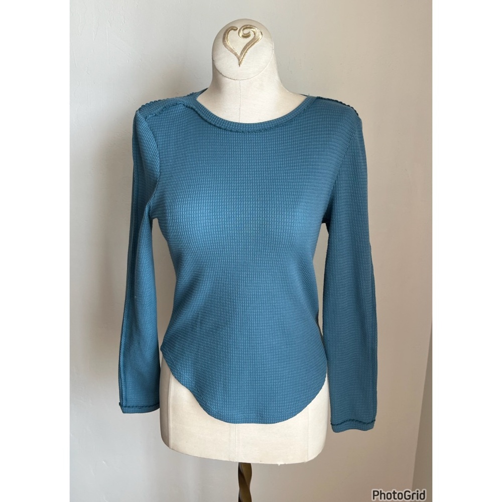Free People Teal Long Sleeve Thermal Waffle Knit Top XS